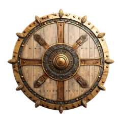Fotobehang Generative AI, PNG old wooden viking shield, protective sign from mediaeval times © DELstudio