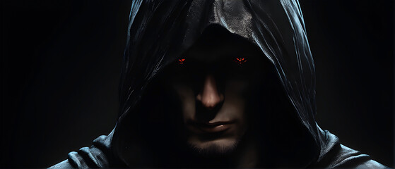 Portrait of a misterious man in a hoodie with glowing red eyes on a black background. Concept for fallen angel.
