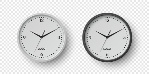 Vector 3d Round Wall Office Clock with White Clock Dial Set Closeup Isolated. Watches, Design Template, Mock-up for Branding, Advertise. Vector Simple Minimalistic Clocks, Watches in Front View