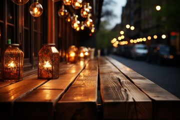 wooden table with decorative candles at christmas time