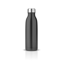 Vector Realistic 3d Black Empty Glossy Metal Reusable Water Bottle with Silver Bung Closeup Isolated. Design template of Packaging Mockup with Reflection. Front View