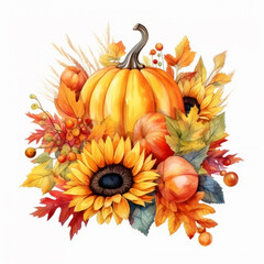Watercolor composition of pumpkins and autumn leaves. Autumn clipart.
