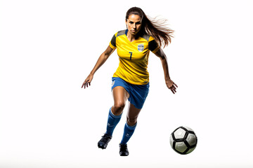 A beautiful woman soccer player skillfully using her heel to strike the ball, isolated on a white background.