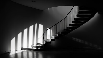  a spiral staircase in a dark room with sunlight coming through the windows.  generative ai