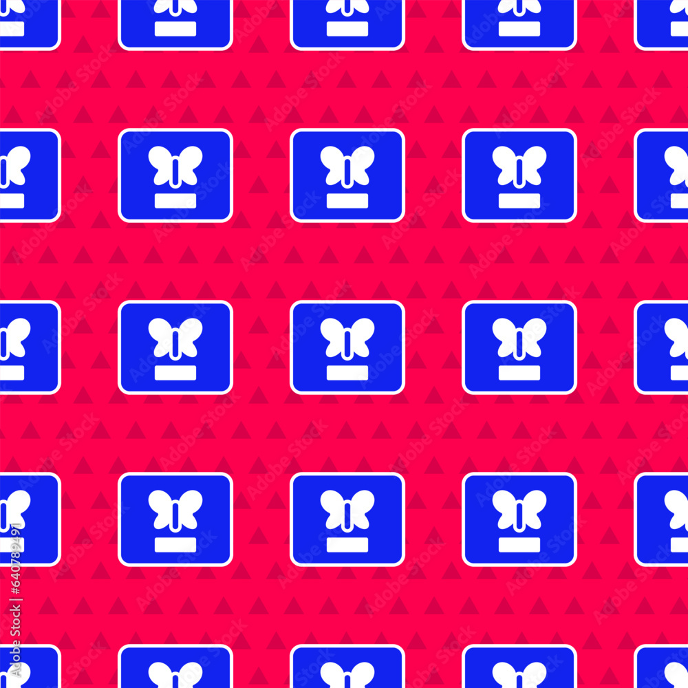 Poster blue butterfly in a frame icon isolated seamless pattern on red background. herbarium. vector