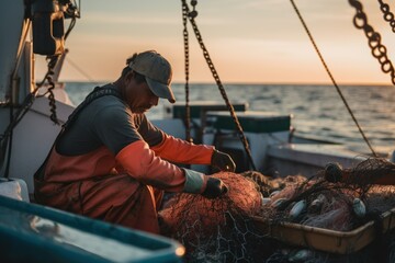 A Fictional Fisherman Working on a Boat. Generative AI Illustration.