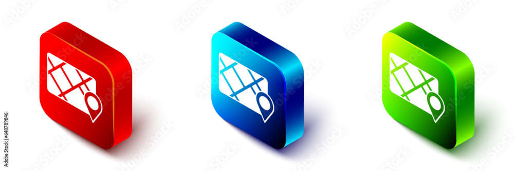 Poster isometric gps device with map icon isolated on white background. red, blue and green square button. 