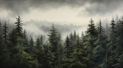  a painting of a forest filled with lots of tall trees.  generative ai