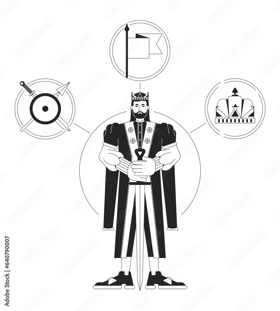 Poster ruler person archetype bw concept vector spot illustration. empowered king with sword 2d cartoon fla