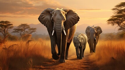 a group of elephants walking down a dirt road in a field.  generative ai