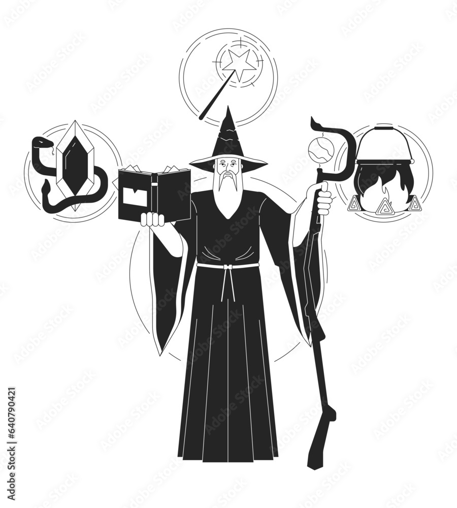 Poster wizard person archetype bw concept vector spot illustration. wise man with magical staff 2d cartoon 