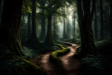 Obraz premium A winding forest path disappearing into the shadows beneath towering trees. 