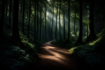 A winding forest path disappearing into the shadows beneath towering trees.
