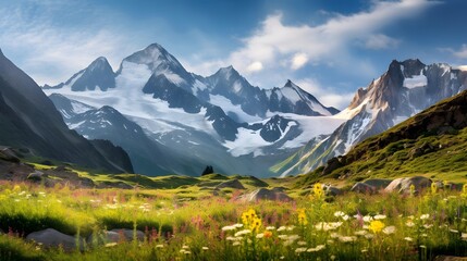 Panoramic view of beautiful alpine meadow with wildflowers and snow capped mountains