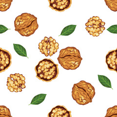 Seamless vector pattern with walnuts with walnut shells. leaves and parts in cartoon style cute design Modern bright colors for paper covers. interior fabrics, backgrounds, and other users.