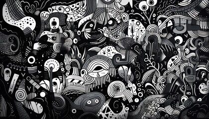Photo of many fish in a black and white drawing