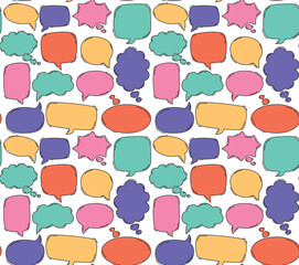 Seamless colrful pattern of hand drawn empty different shape speech bubbles. Vector background with doodle elements 