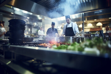 The chef cooks in the restaurant's professional kitchen. Business concept suitable for eating and...