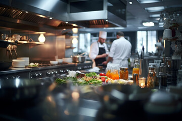The chef cooks in the restaurant's professional kitchen. Business concept suitable for eating and...