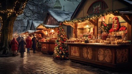 Fototapeta premium bustling Christmas market with rows of vendor stalls adorned with vibrant decorations and twinkling lights, creating a festive atmosphere.