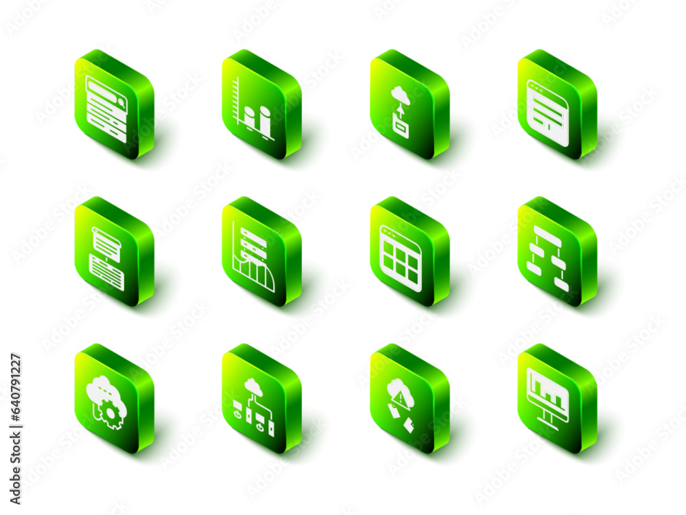 Poster set data analysis, cloud technology data transfer, browser window, hierarchy organogram chart, monit