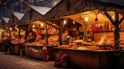 bustling Christmas market with rows of vendor stalls adorned with vibrant decorations and twinkling lights, creating a festive atmosphere.