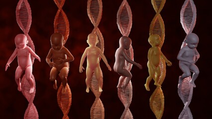 Babies with DNA strands in background.  Diverse human infants of different colors with DNA molecules behind them. Designer babies. Genetically modified babies. GMO babies. 3d illustration render