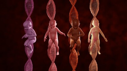 Babies with DNA strands in background.  Diverse human infants of different colors with DNA molecules behind them. Designer babies. Genetically modified babies. GMO babies. 3d illustration render