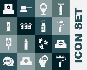 Set Paint roller brush, Spray can nozzle cap, spray, and Marker pen icon. Vector