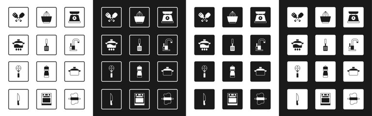 Set Scales, Barbecue spatula, Cooking pot, Crossed fork and spoon, Water tap, Citrus fruit juicer, and Spatula icon. Vector