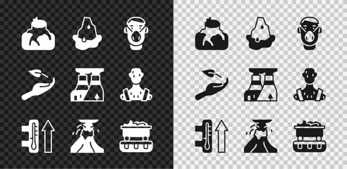 Set Deforestation, Glacier melting, Face protective mask, Global warming, Volcano eruption with lava, Coal train wagon, Sprout hand and Nuclear power plant icon. Vector
