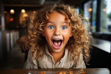 Delighted little girl amazed by exceptional restaurant's special treatment for children, rewarding loyal customers.