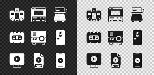 Set Actor trailer, Video recorder on laptop, Retro typewriter, Online play video, MOV file document, audio cassette tape and Media projector icon. Vector