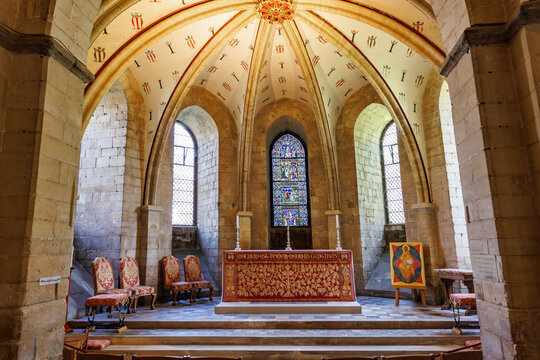 Canterbury,UK-May 20, 2023: Chapel and altar in the crypt of Canterbury Cathedral, built in 1100, lies under the Choir. The Cathedral, in Kent, is one of the oldest and famous Christian churches in UK