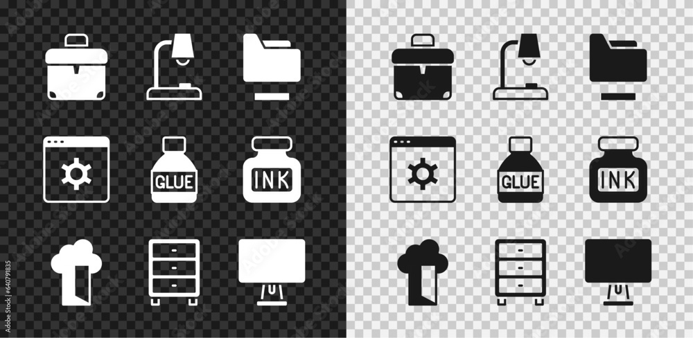 Poster set briefcase, table lamp, document folder, cloud database, archive papers drawer, computer monitor,