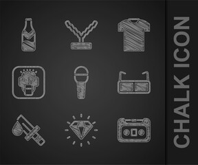 Set Microphone, Diamond, Retro audio cassette tape, Glasses, Bloody knife, Rapper, T-shirt and Beer bottle icon. Vector