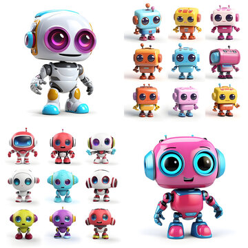 3D icons about AI , made it cute robot , colourful and amazing , do variety model in set , isolated on white background