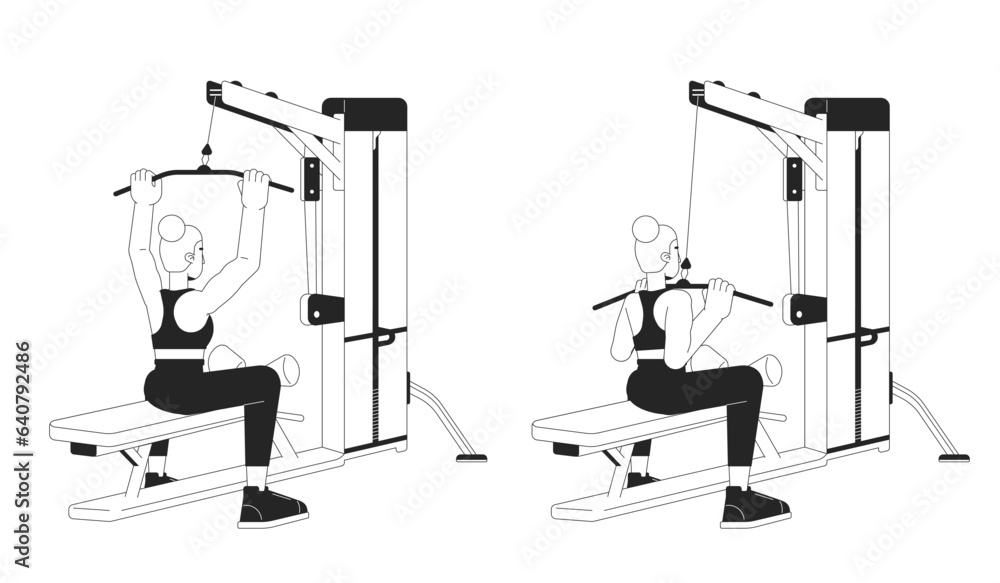 Poster working out on lat pulldown machine bw vector spot illustration. female 2d cartoon flat line monochr