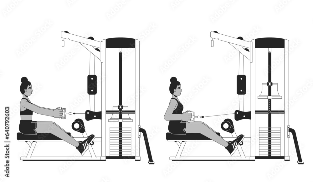 Poster working out on seated row machine bw vector spot illustration. female 2d cartoon flat line monochrom