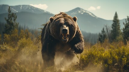 Adult brown bear running head-on towards camera.