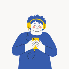 Teenager boy in headphones listens to music, podcast or audiobook on his smartphone. Vector trendy illustration.