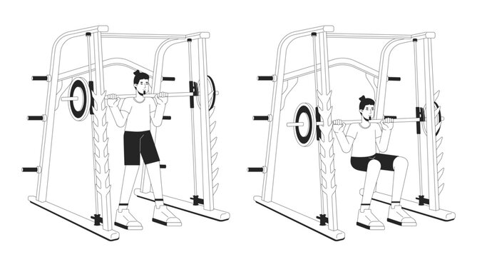 Muscle building with weight power rack bw vector spot illustration. Sportsman 2D cartoon flat line monochromatic character for web UI design. Gaining muscle mass editable isolated outline hero image