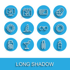 Set line Photo camera, Martini glass, Speech bubble with airplane, Suitcase, Bottle of water, Surfboard, Sun and Glasses icon. Vector