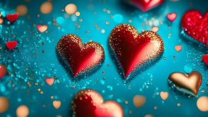 Fototapeta premium Red and golden hearts with bokeh background