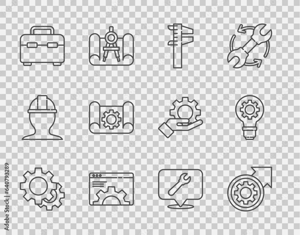 Aufkleber set line gear, and arrows as workflow process, calliper caliper scale, browser setting, toolbox, gra