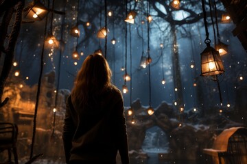 Fototapeta premium man on a magical night with twinkling lights at Christmas time