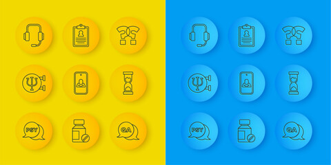 Set line Psychology, Psi, Psychologist online, Question and Answer, Old hourglass, mark and Medical clipboard icon. Vector