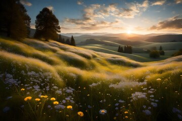 A peaceful meadow blanketed with wildflowers, stretching toward distant rolling hills.
