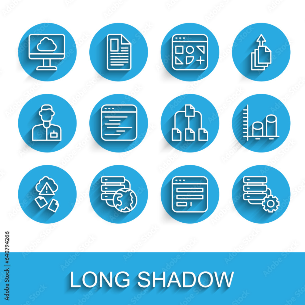 Poster set line cloud hacking, network cloud connection, technology data transfer, browser window, server a