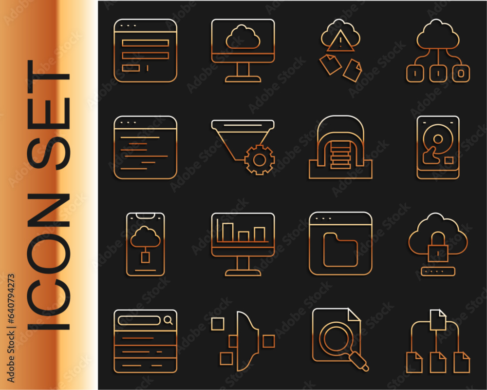 Poster set line folder tree, cloud computing lock, hard disk drive hdd, hacking, filter setting, software, 